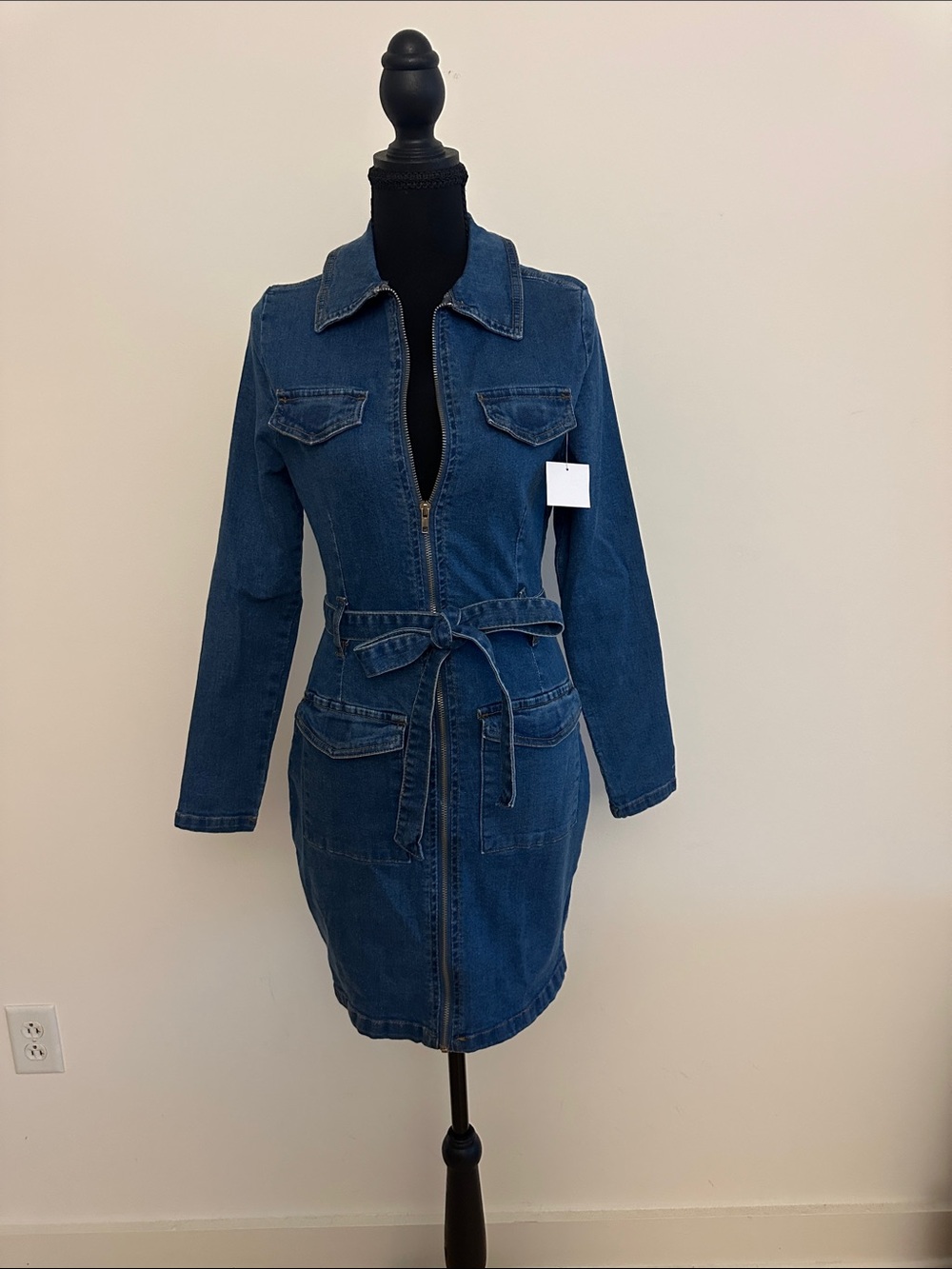 Parisian Denim Zip-Front Mini Dress in Blue